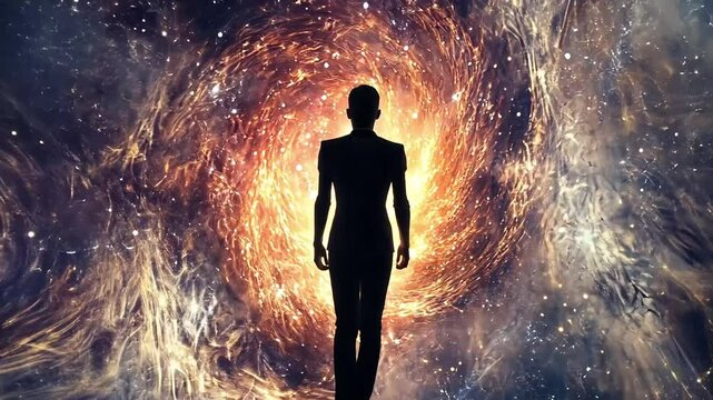 Silhouette walks towards swirling cosmic vortex, symbolizing spiritual journey, self-discovery, and universe exploration