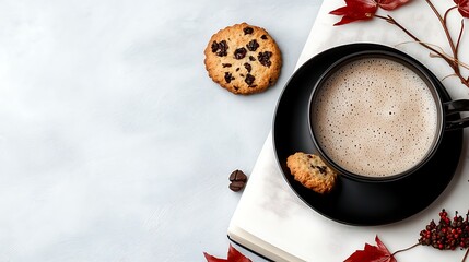 Overhead View of a Black Teacup and Saucer with Cookies and Autumn Leaves