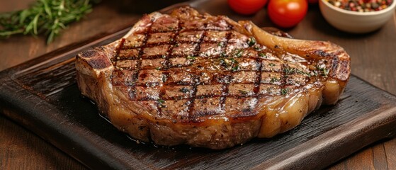 Close up of Grilled T-Bone Steak on Wooden Board Overhead Shot Delicious Juicy Beef with Grill Marks Restaurant Food