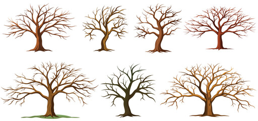 Set of bare, leafless trees with empty branches isolated on a white background. Vector