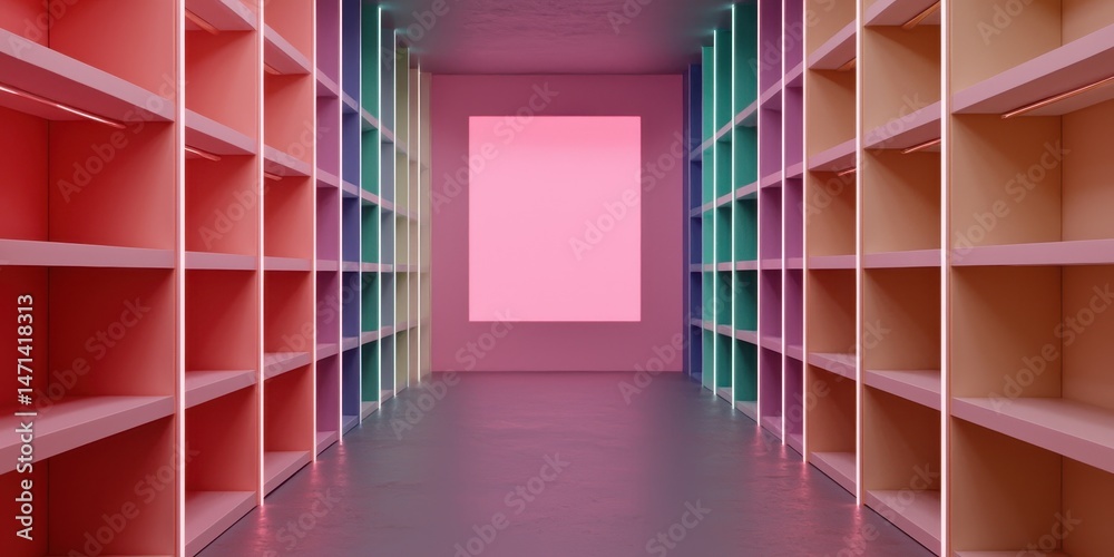 Aufkleber Colorful empty shelves line a hallway with a glowing pink square window at the end, creating a modern and vibrant atmosphere.