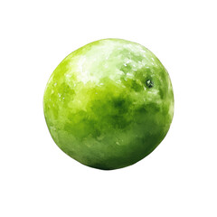 Green sphere. Detailed view of fruit, probably a lime or a similar citrus fruit, with a smooth skin and a somewhat mottled appearance