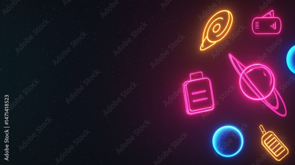 Poster neon space icons and planets on a dark starry background, with colorful glowing outlines on the righ