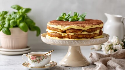 Elegant Tiramisu Cake on Stand with Tea Cup and Basil Plant Still Life Food Photography