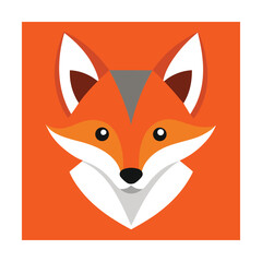 Vibrant cartoon illustration of a fox head featuring geometric shapes on orange background