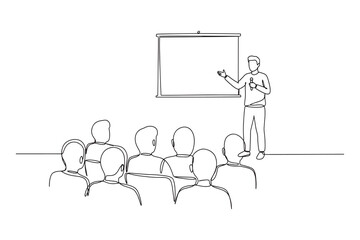 Continuous Line Drawing of Audience in Conference Hall – Public Speaker Giving Instructions