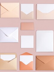 Elegant stationery arrangement of envelopes and cards on pink background flat lay for wedding invitation or greeting card design