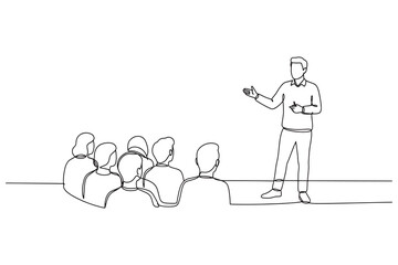 Continuous Line Drawing of Audience in Conference Hall – Public Speaker Giving Instructions