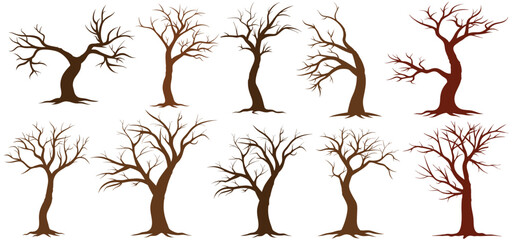 Vector Set of Brown Cartoon Bare Trees without Leaves vector