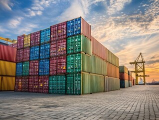 Stacked shipping containers at port terminal during sunset; eye-level shot showing logistics and global trade