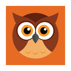 Adorable illustration of a friendly owl face on a bright orange background ready for design