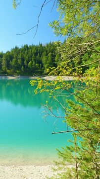 Forest lake Urisee near Reutte with crystal-clear blue water, green shoreline, and tranquil highland landscape in Tirol