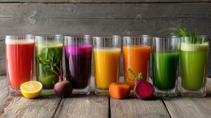 Colorful array of fresh juice drinks arranged on a rustic wooden table