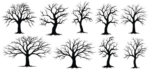 Black Silhouette of Different Tree Designs in a Minimalist Style vector illustration
