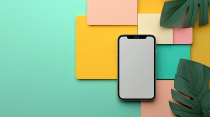 A modern smartphone lies on colorful geometric shapes with tropical leaves, creating a vibrant and trendy flat lay background.