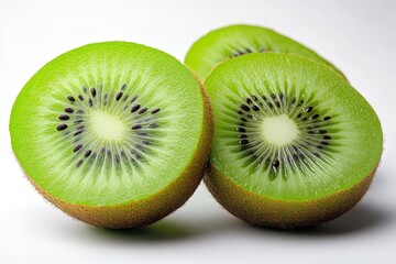 Fototapeta premium A sliced kiwi fruit, its green flesh and black seeds revealed, placed on a clean white background to emphasize its vibrancy
