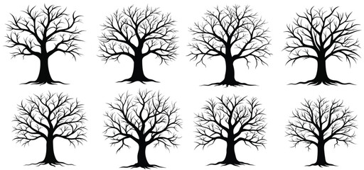 A black and white silhouette of dead tree vector, bare tree silhouette