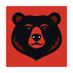 Stylized bear head portrait in black and red colors on a solid red background