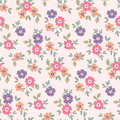 Seamless floral pattern, liberty ditsy print in romantic rustic motif. Cute botanical design in delicate colors. Small hand drawn flowers, tiny leaves, simple pretty bouquets. Vector illustration.