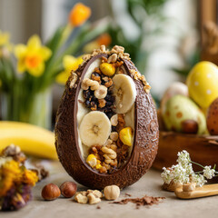 Delightful chocolate egg filled with fruits and nuts showcased against a spring backdrop of flowers and Easter decorations