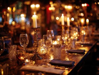 Elegant Table Setting with Candles and Wine Glasses at a Restaurant Close Up View for Event