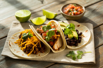Variety Of Delicious Tacos On Wooden Table Featuring Beef Chicken Black Beans And Salsa With Limes