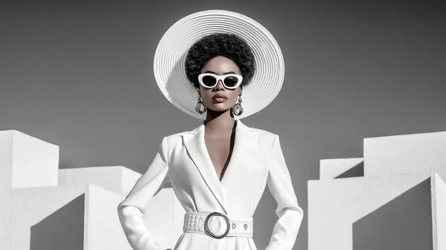 Fashion portrait of elegant woman in white suit, round hat and sunglasses standing against minimal background. 4K video