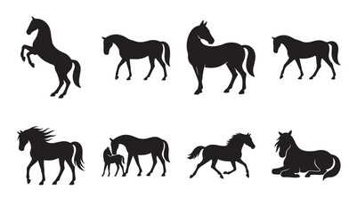 horse running silhouette vector animal set