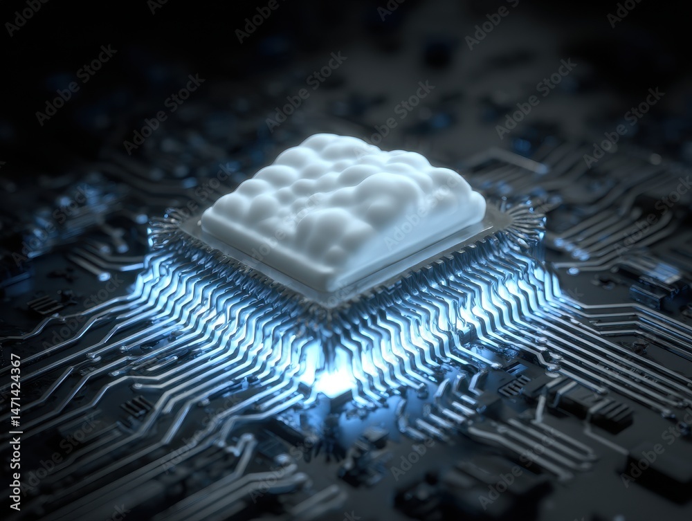 Poster cloud computing concept close-up of microchip with cloud shape on circuit board futuristic technolog