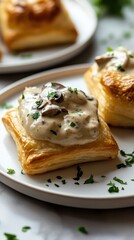 Close up of mushroom vol au vent appetizer on white plate in soft light food photography style