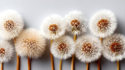 Close-up of dandelion puffballs in various stages of bloom
