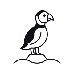 Cute cartoon illustration of a puffin bird perched on a rock with clean minimalist design