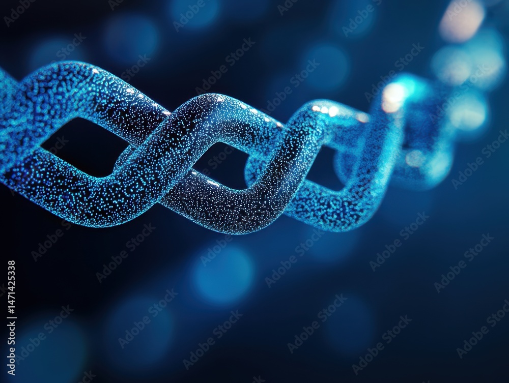 Poster abstract digital chain link concept in blue tones representing blockchain technology and network sec