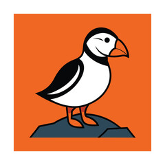 Smiling atlantic puffin vector illustration with bold colors and a simple design on an orange background