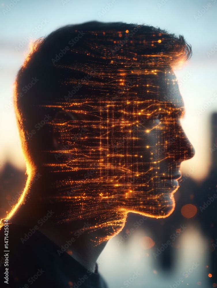 Poster man profile with digital network overlay at sunset; side view of face with glowing data streams show