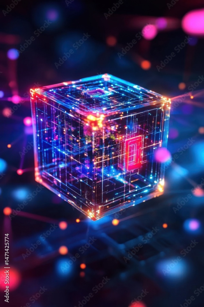 Poster futuristic glowing cube floating abstract technology concept close up vertical shot artificial intel