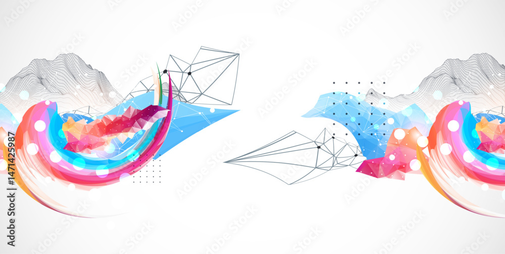 Poster abstract artwork with colorful waves, polygonal shapes and wireframe mountain. vector