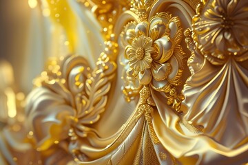 Golden floral ornament brocade textile pattern.