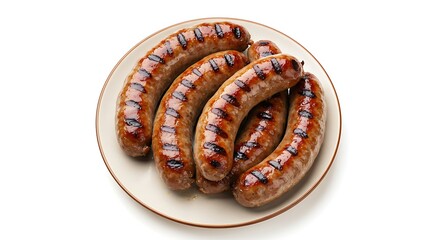 Grilled sausages on a plate, isolated on white background