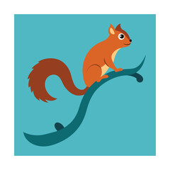 Cartoon squirrel perched gracefully on a curved branch against a teal background