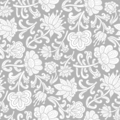 Swirl, hand drawn flowers, paisley pattern, grey and white colors. Seamless floral pattern-715.