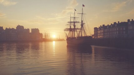 Fototapeta premium Tall Ship at Sunset in Harbor of Historic Town Maritime Scene Golden Hour View