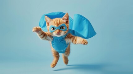 Fototapeta premium heroic brown tabby cat dressed as superhero wearing blue cloak and mask jumping and flying on light blue background, perfect for creative copy space use