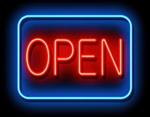 A glowing neon sign displaying the word "OPEN" in bright red and blue, indicating that a business is currently open for customers