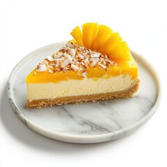A coconut mango cheesecake, tropical-inspired with a smooth mango puree topping,