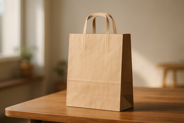 Brown kraft paper shopping bag with handles on a wooden table under warm light. mockup.