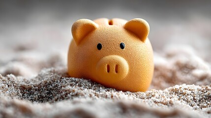 Cute piggy bank on sandy surface with soft focus background