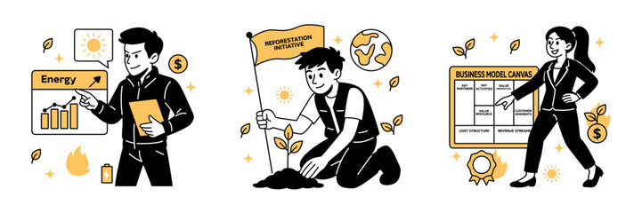 Vector illustration of professionals analyzing energy data, planting trees, and planning green business models for sustainable growth.