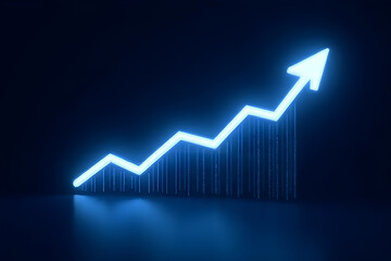 Glowing blue neon arrow pointing upwards showing growth trend on a dark background