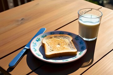  Toast and Milk on Wooden Table in Morning Sunlight